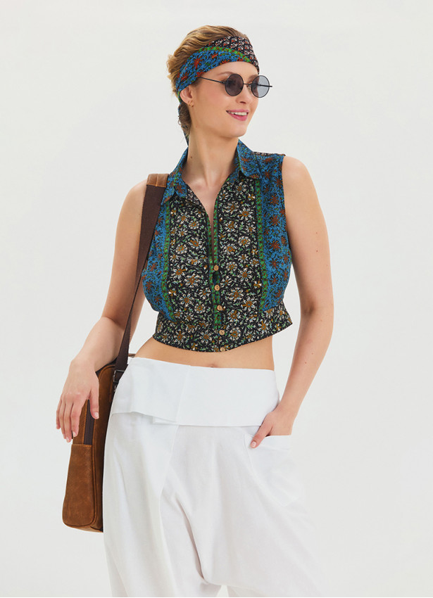 Shirt Collar Button Detailed Navy Blue Summer Blouse 4631